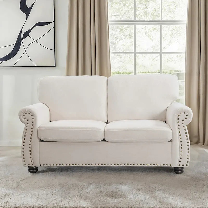 Divanetto in Velluto Stile Mid-Century Modern con Borchie e Gambe in Legno