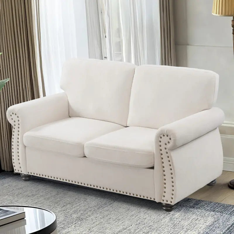 Divanetto in Velluto Stile Mid-Century Modern con Borchie e Gambe in Legno