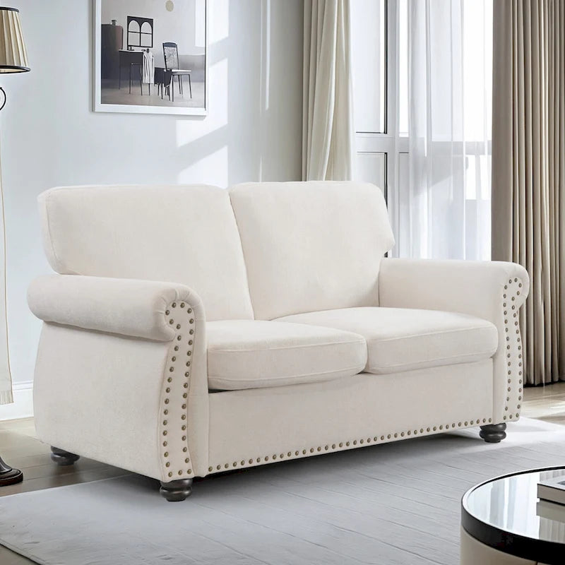 Divanetto in Velluto Stile Mid-Century Modern con Borchie e Gambe in Legno