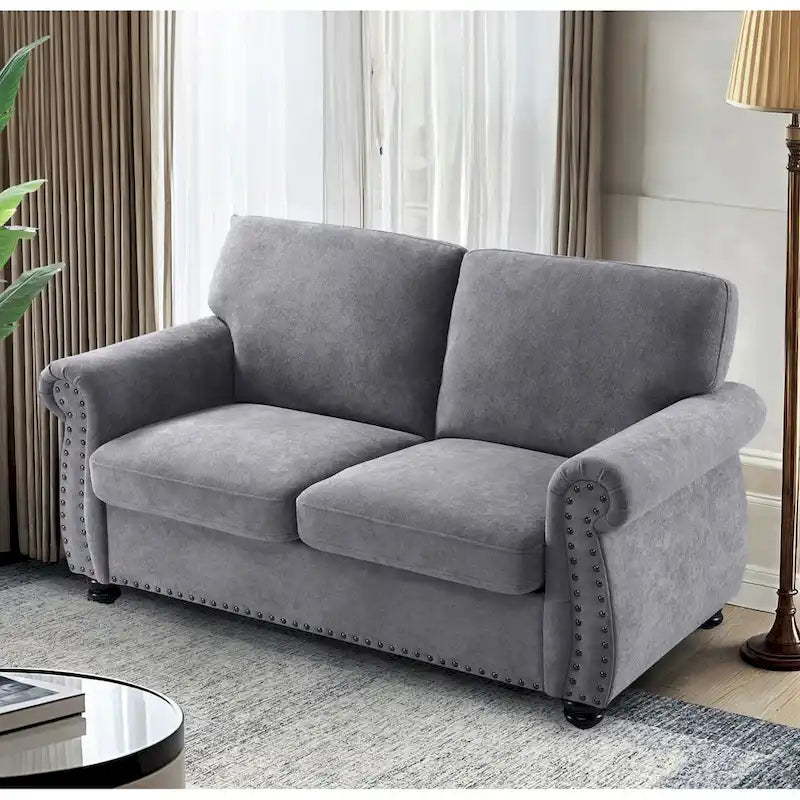 Divanetto in Velluto Stile Mid-Century Modern con Borchie e Gambe in Legno