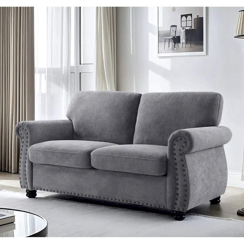Divanetto in Velluto Stile Mid-Century Modern con Borchie e Gambe in Legno