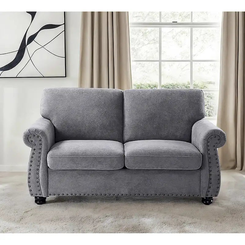 Divanetto in Velluto Stile Mid-Century Modern con Borchie e Gambe in Legno