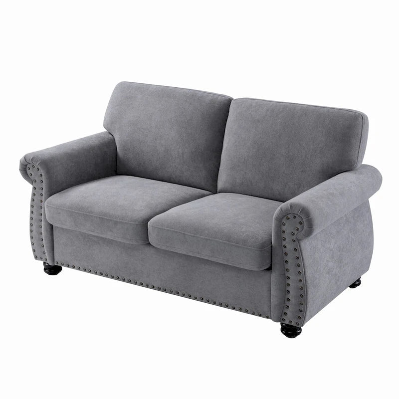Divanetto in Velluto Stile Mid-Century Modern con Borchie e Gambe in Legno