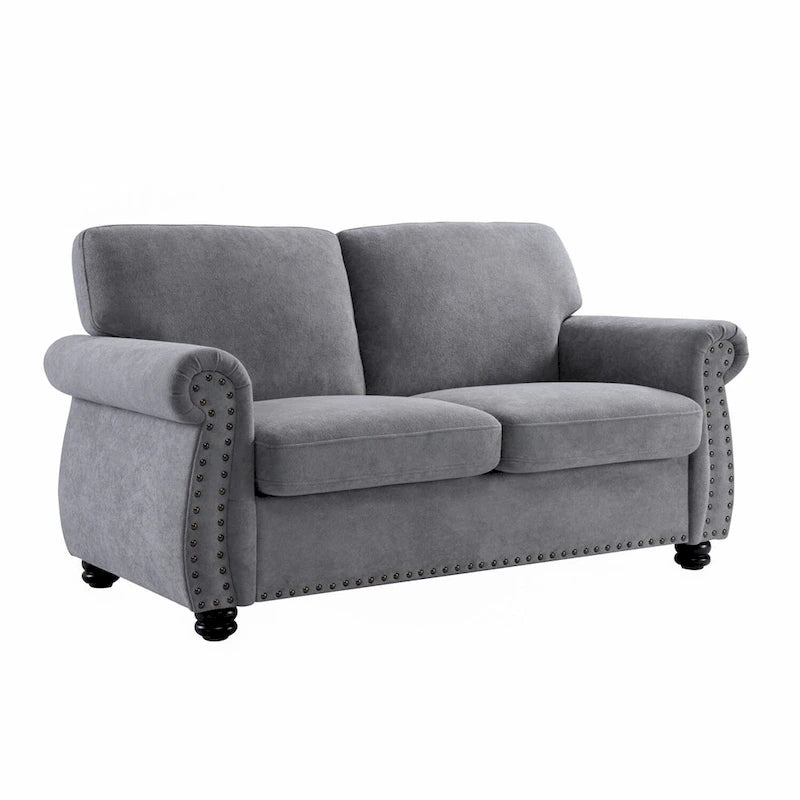 Divanetto in Velluto Stile Mid-Century Modern con Borchie e Gambe in Legno