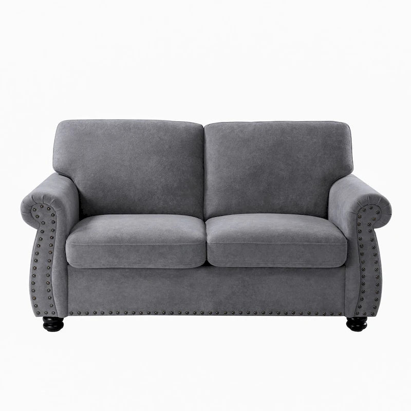 Divanetto in Velluto Stile Mid-Century Modern con Borchie e Gambe in Legno