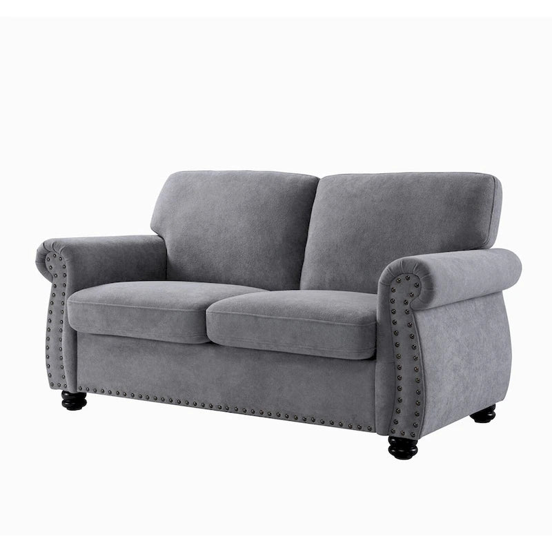 Divanetto in Velluto Stile Mid-Century Modern con Borchie e Gambe in Legno