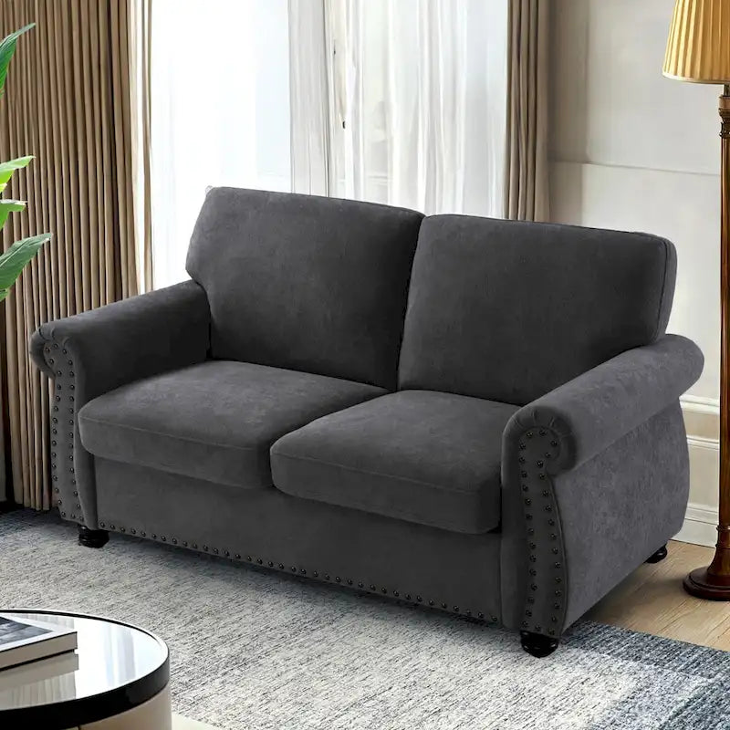 Divanetto in Velluto Stile Mid-Century Modern con Borchie e Gambe in Legno