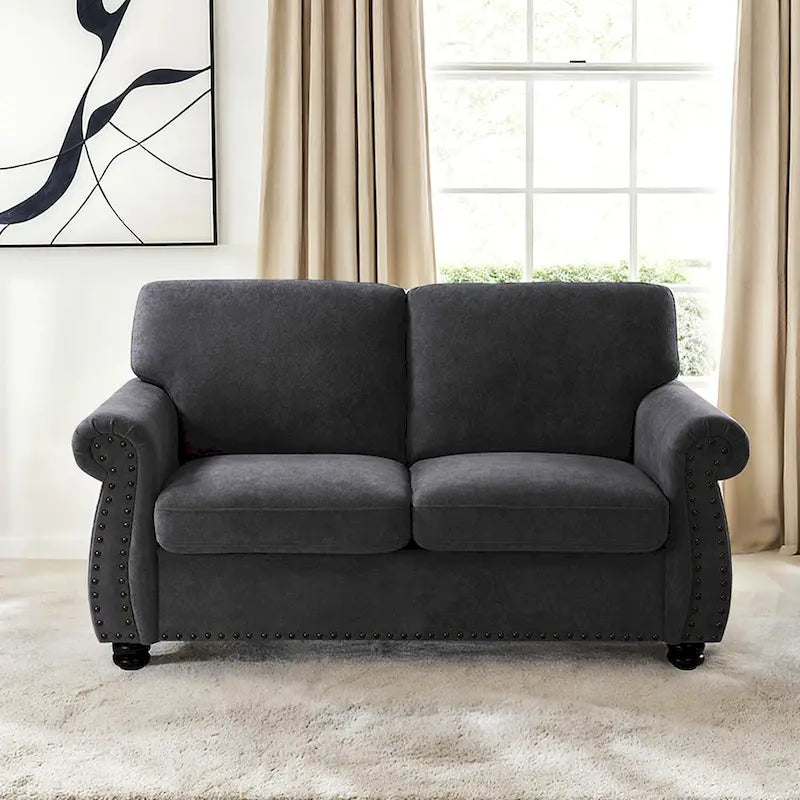 Divanetto in Velluto Stile Mid-Century Modern con Borchie e Gambe in Legno