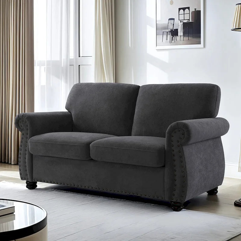 Divanetto in Velluto Stile Mid-Century Modern con Borchie e Gambe in Legno