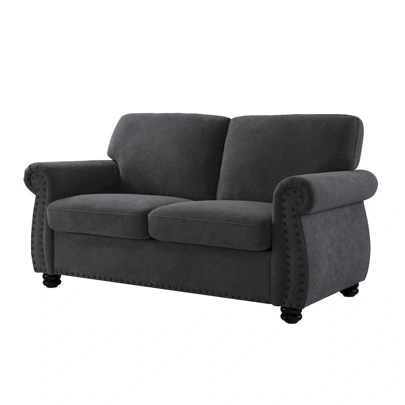 Divanetto in Velluto Stile Mid-Century Modern con Borchie e Gambe in Legno