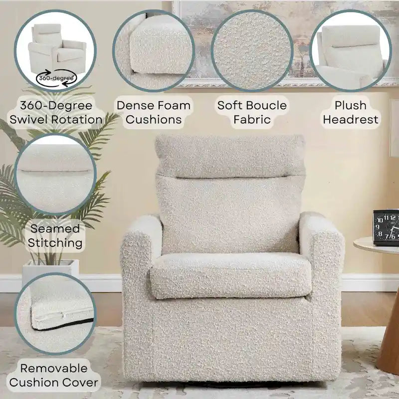 Poltrona girevole a 360° in tessuto bouclé con poggiatesta imbottito