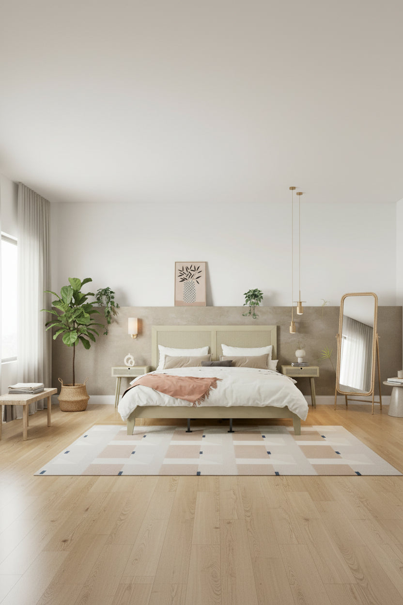 Letto a piattaforma matrimoniale in legno massello con testiera in rattan intrecciato, capacità 360 kg