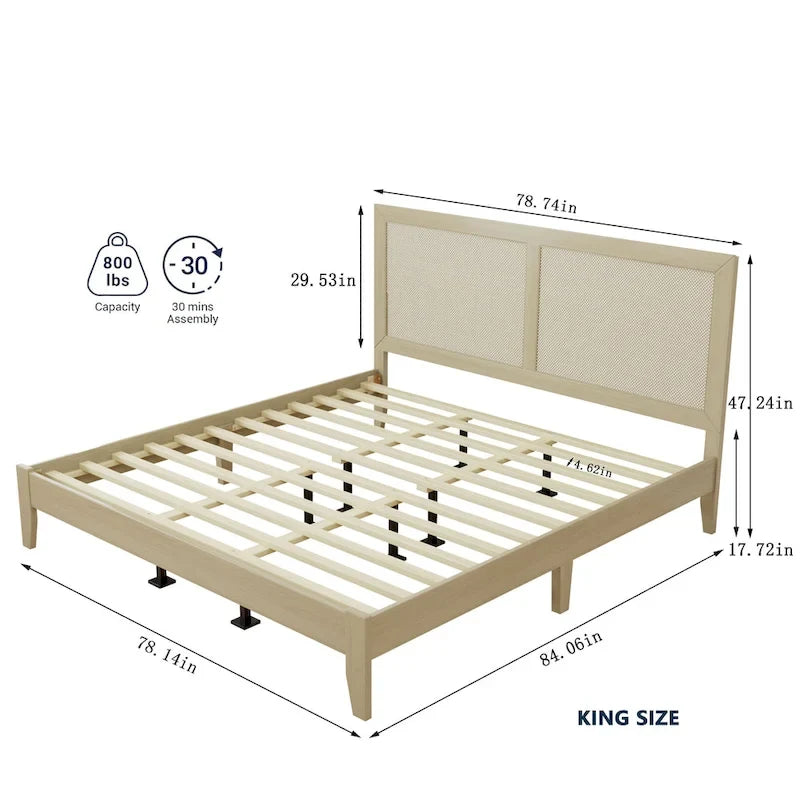 Letto a piattaforma matrimoniale in legno massello con testiera in rattan intrecciato, capacità 360 kg
