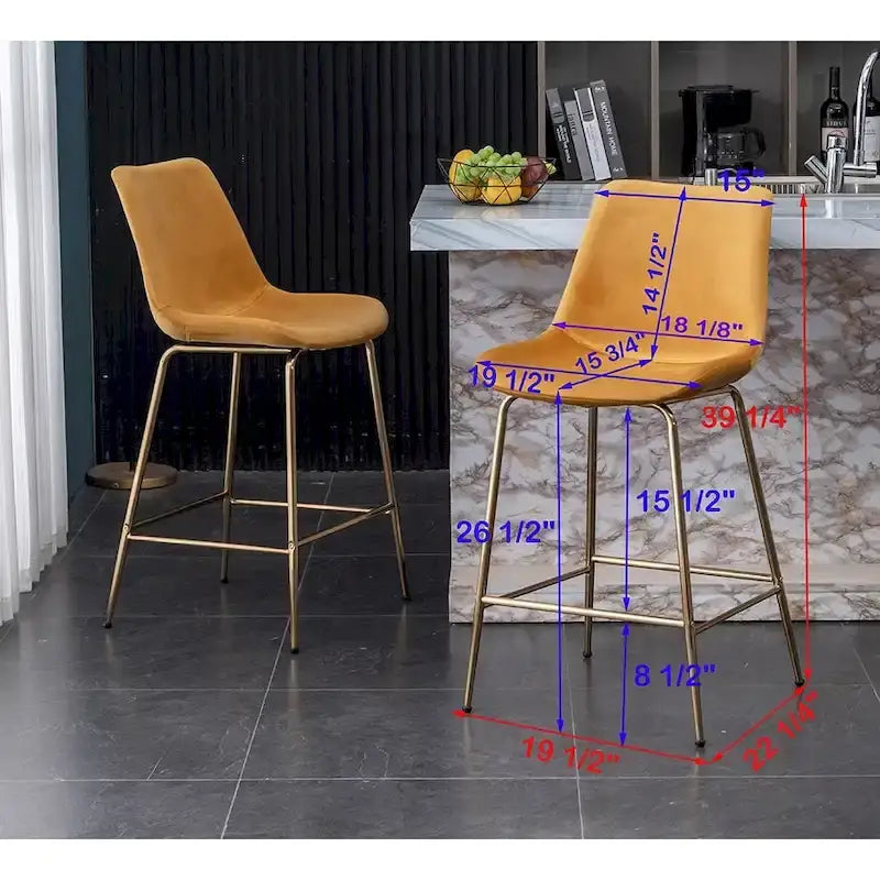 Set di 2 sgabelli da bar in velluto altezza penisola, gambe dorate, seduta 67 cm