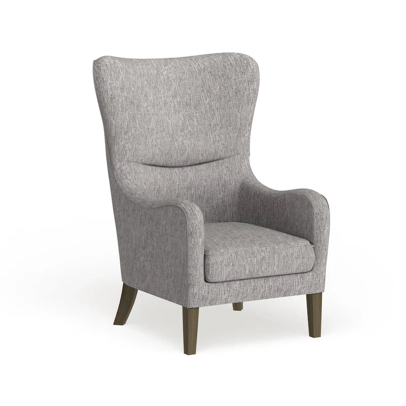 Poltrona Swoop Mid-Century Modern con schienale ad ali in tessuto grigio e gambe in legno massello
