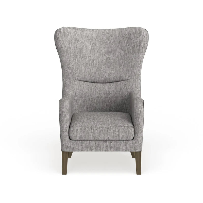 Poltrona Swoop Mid-Century Modern con schienale ad ali in tessuto grigio e gambe in legno massello
