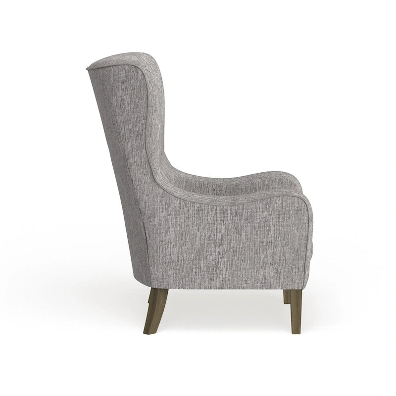 Poltrona Swoop Mid-Century Modern con schienale ad ali in tessuto grigio e gambe in legno massello