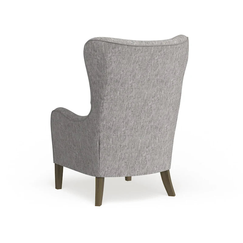 Poltrona Swoop Mid-Century Modern con schienale ad ali in tessuto grigio e gambe in legno massello