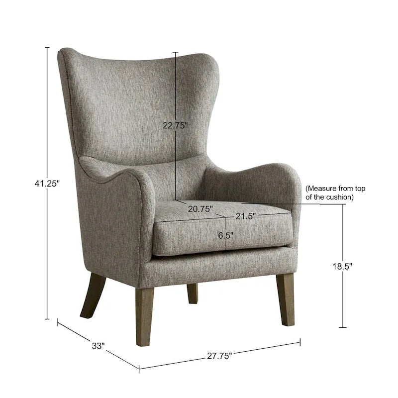Poltrona Swoop Mid-Century Modern con schienale ad ali in tessuto grigio e gambe in legno massello
