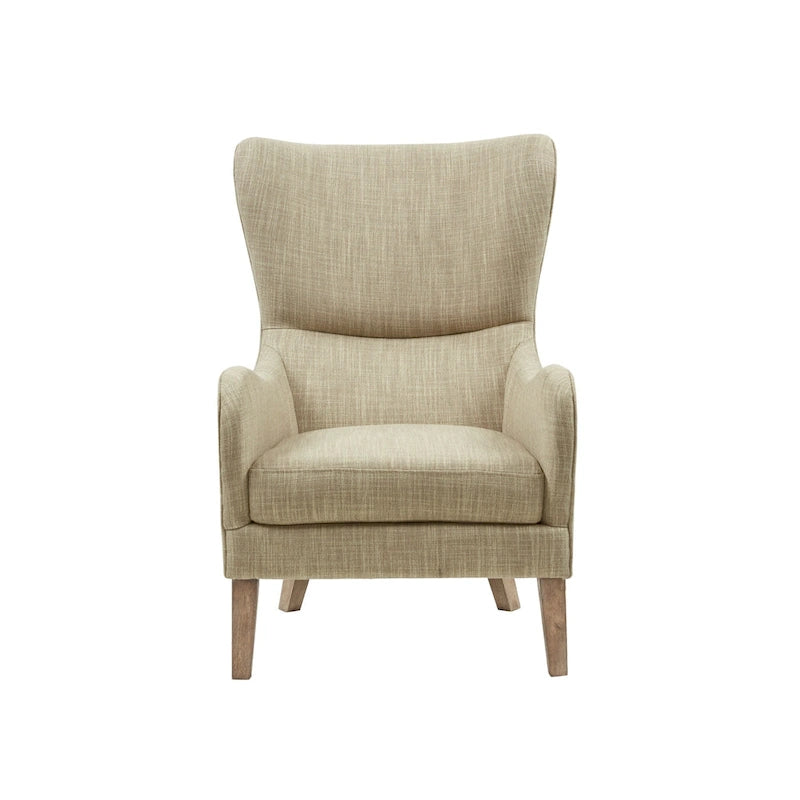 Poltrona Swoop Mid-Century Modern con schienale ad ali in tessuto grigio e gambe in legno massello