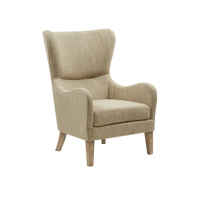 Poltrona Swoop Mid-Century Modern con schienale ad ali in tessuto grigio e gambe in legno massello
