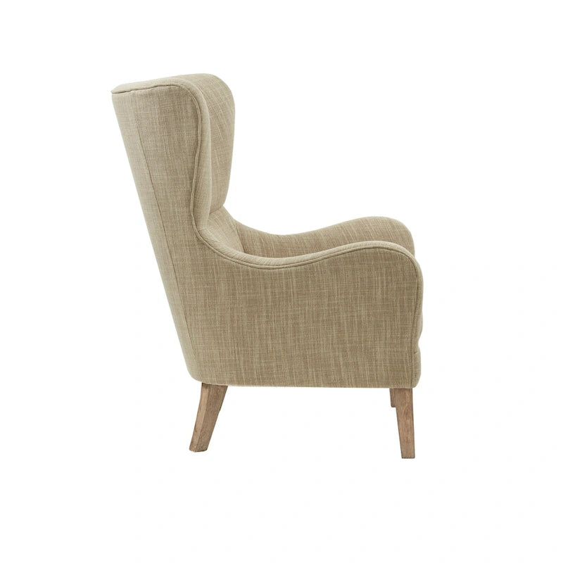 Poltrona Swoop Mid-Century Modern con schienale ad ali in tessuto grigio e gambe in legno massello