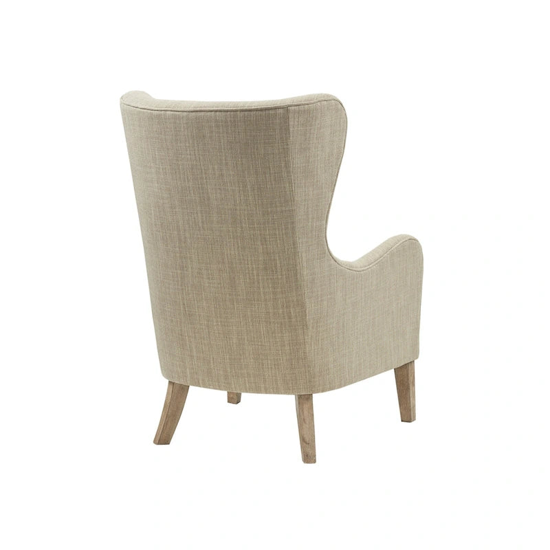 Poltrona Swoop Mid-Century Modern con schienale ad ali in tessuto grigio e gambe in legno massello