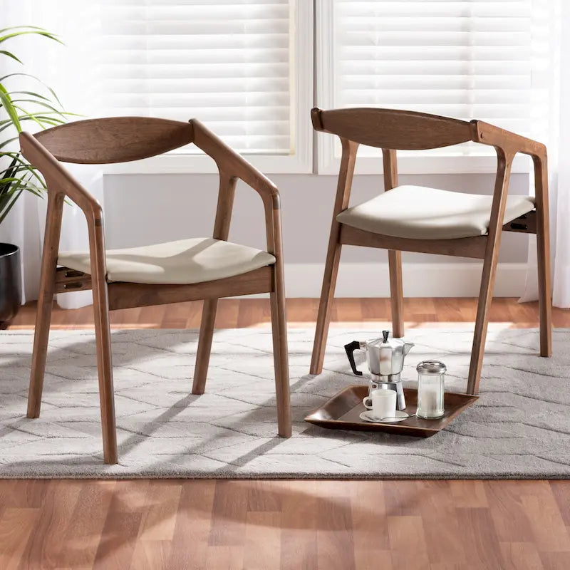 Sedie da pranzo moderne di metà secolo con seduta in similpelle e struttura in legno, set da 2