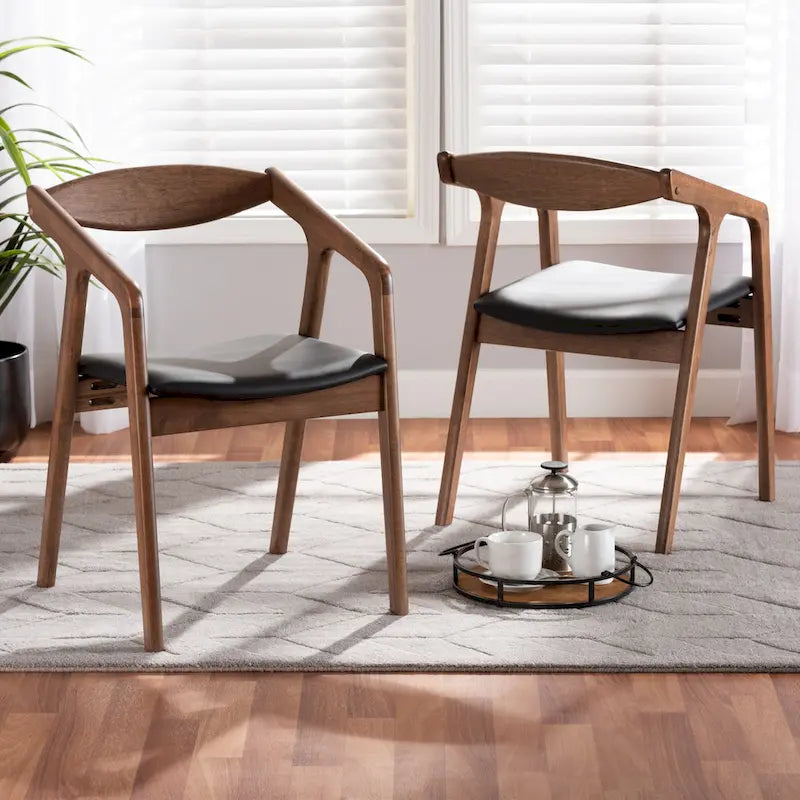 Sedie da pranzo moderne di metà secolo con seduta in similpelle e struttura in legno, set da 2