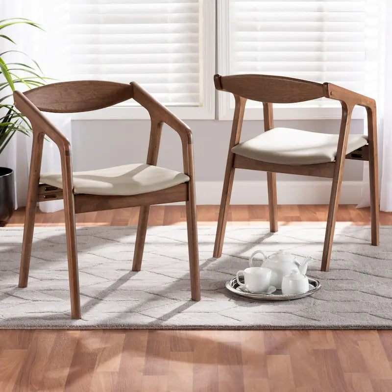 Sedie da pranzo moderne di metà secolo con seduta in similpelle e struttura in legno, set da 2