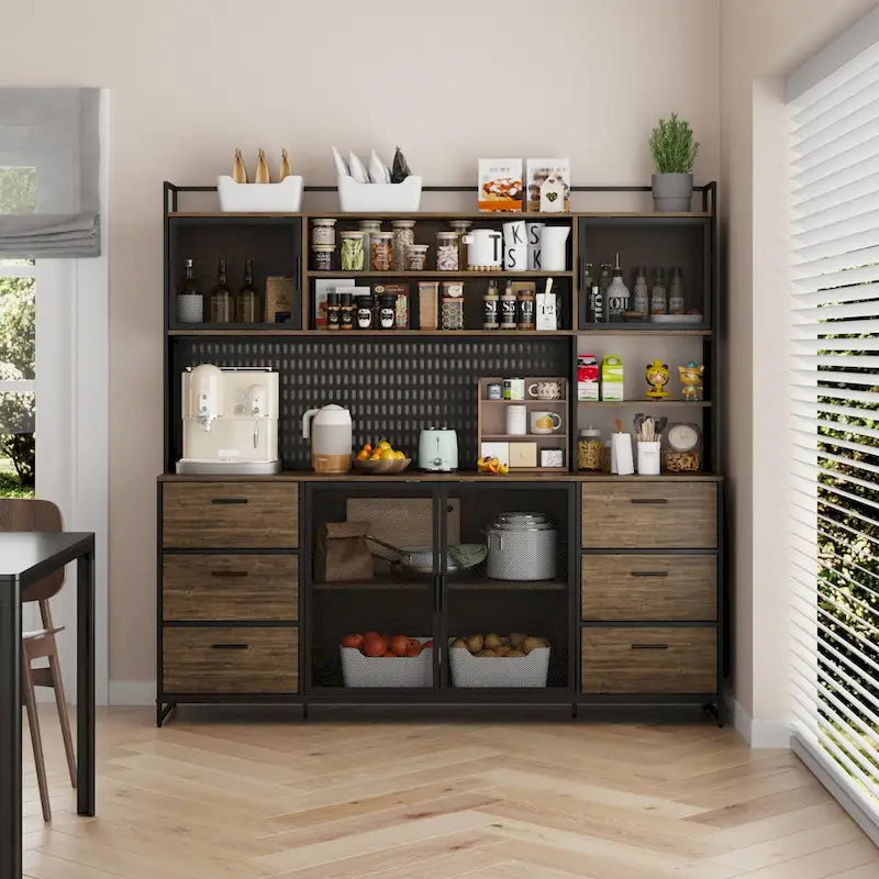 Grande Credenza da Cucina con Ante in Metallo, 6 Cassetti e Ripiani, 180 cm di Larghezza