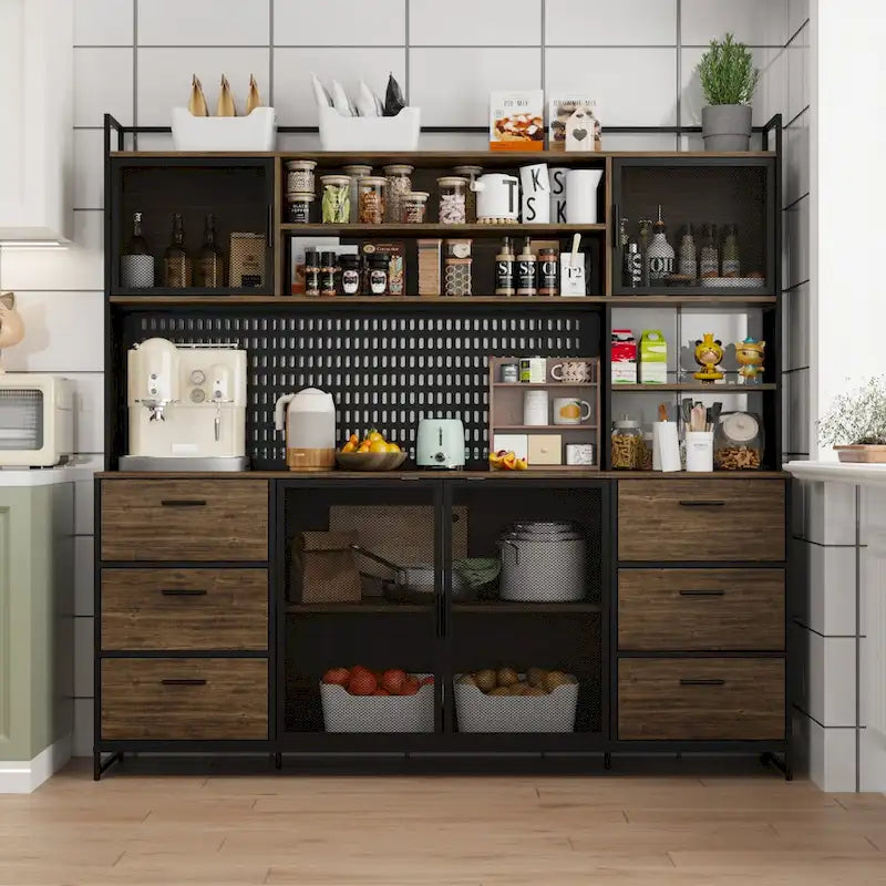 Grande Credenza da Cucina con Ante in Metallo, 6 Cassetti e Ripiani, 180 cm di Larghezza