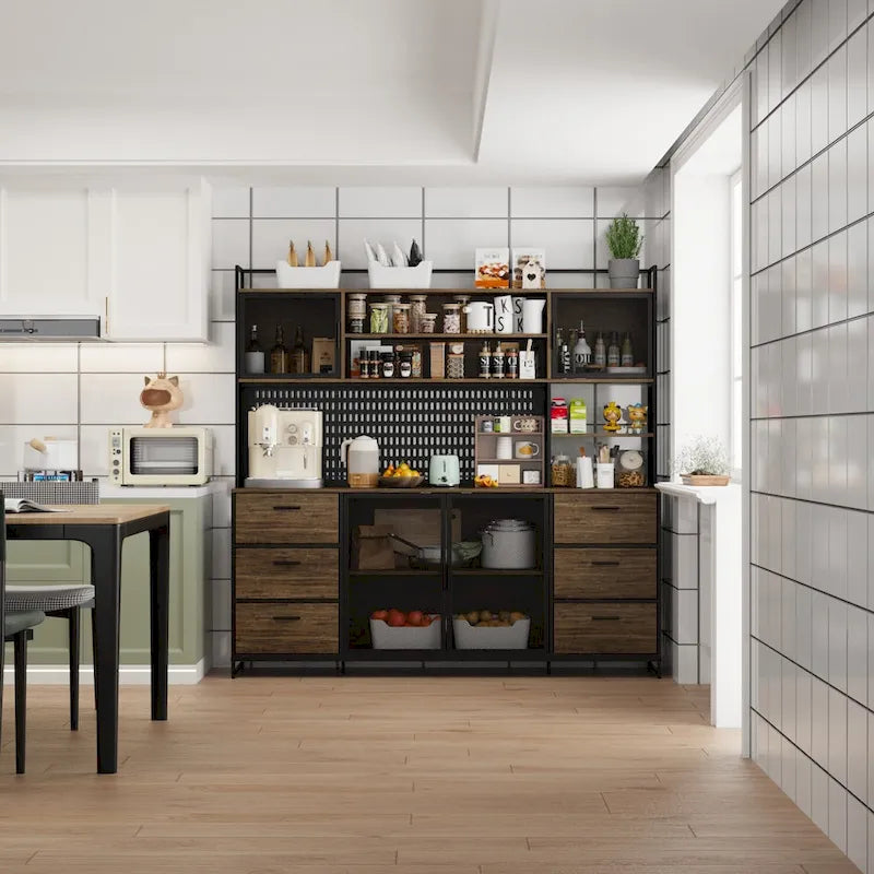 Grande Credenza da Cucina con Ante in Metallo, 6 Cassetti e Ripiani, 180 cm di Larghezza