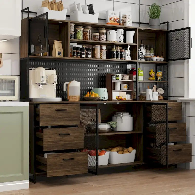 Grande Credenza da Cucina con Ante in Metallo, 6 Cassetti e Ripiani, 180 cm di Larghezza
