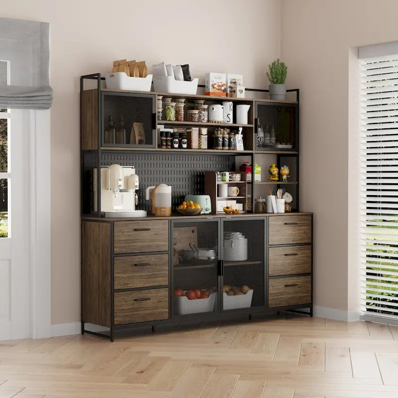 Grande Credenza da Cucina con Ante in Metallo, 6 Cassetti e Ripiani, 180 cm di Larghezza
