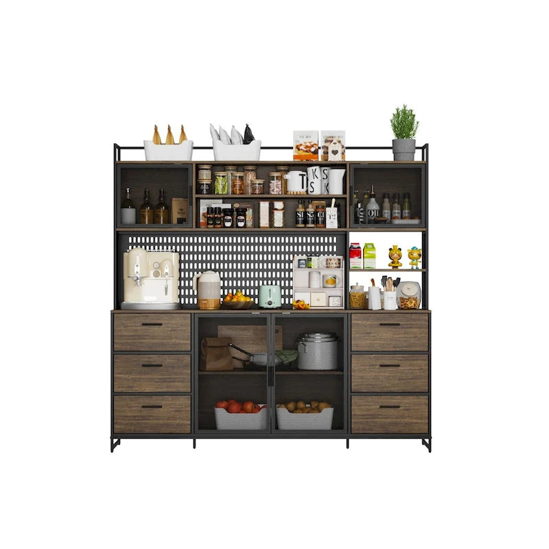 Grande Credenza da Cucina con Ante in Metallo, 6 Cassetti e Ripiani, 180 cm di Larghezza