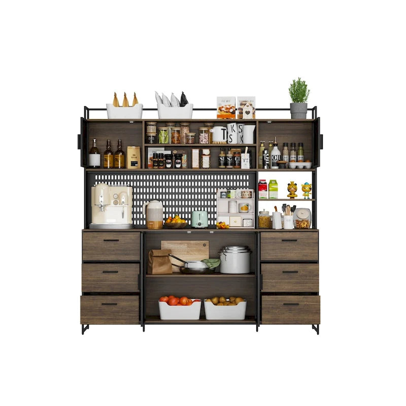 Grande Credenza da Cucina con Ante in Metallo, 6 Cassetti e Ripiani, 180 cm di Larghezza