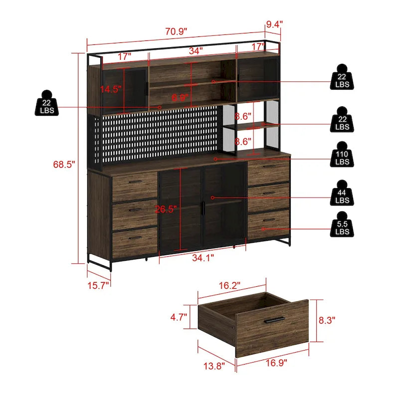 Grande Credenza da Cucina con Ante in Metallo, 6 Cassetti e Ripiani, 180 cm di Larghezza