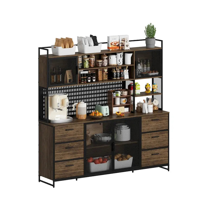 Grande Credenza da Cucina con Ante in Metallo, 6 Cassetti e Ripiani, 180 cm di Larghezza
