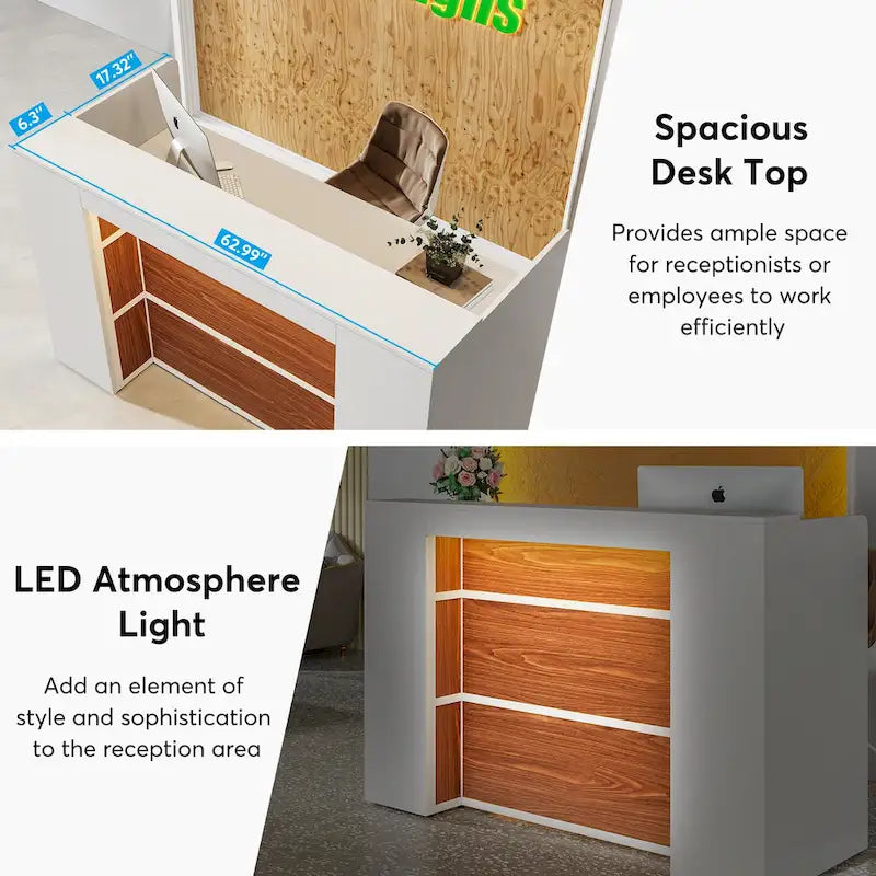 Ampio bancone reception con luci LED per ufficio, salone e attività commerciali