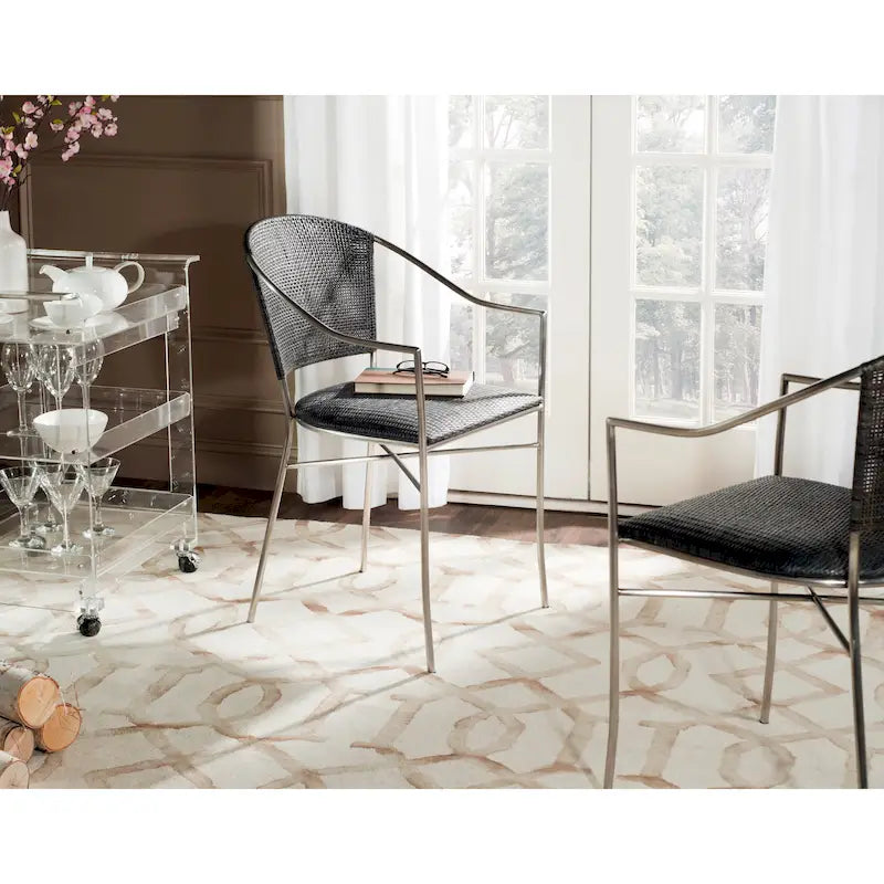 Poltroncine Nere in Rattan con Struttura in Acciaio Inox, Set da 2, 21L x 22P x 34A