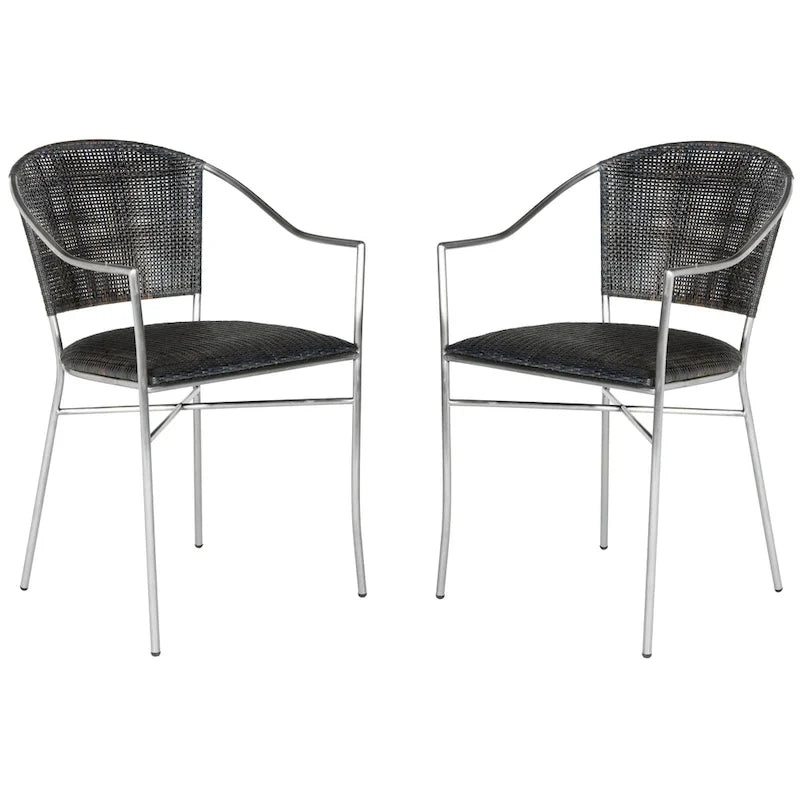 Poltroncine Nere in Rattan con Struttura in Acciaio Inox, Set da 2, 21L x 22P x 34A