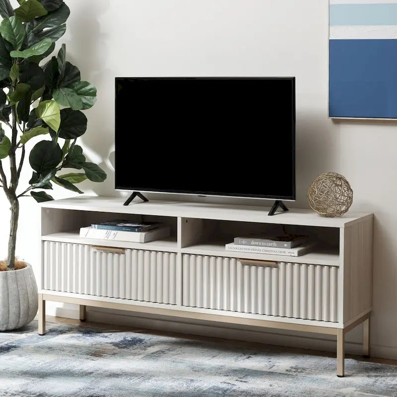 Mobile porta TV da 60 pollici con 2 cassetti e dettagli a coste, adatto per TV fino a 65 pollici