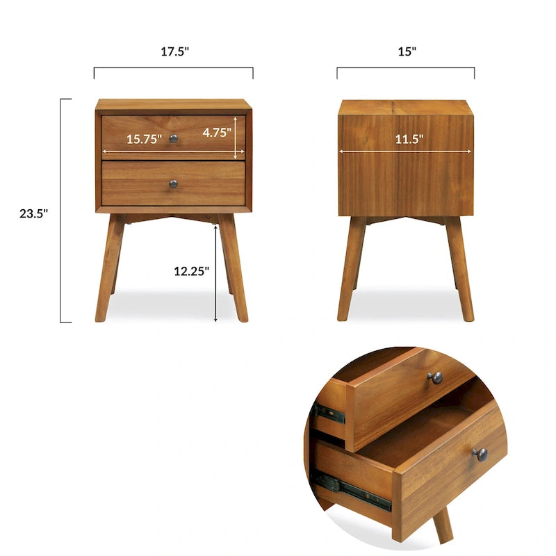 Comodino Moderno Mid-Century con 2 Cassetti e Bordo Smussato, 17,5 L x 15 P x 23,5 A