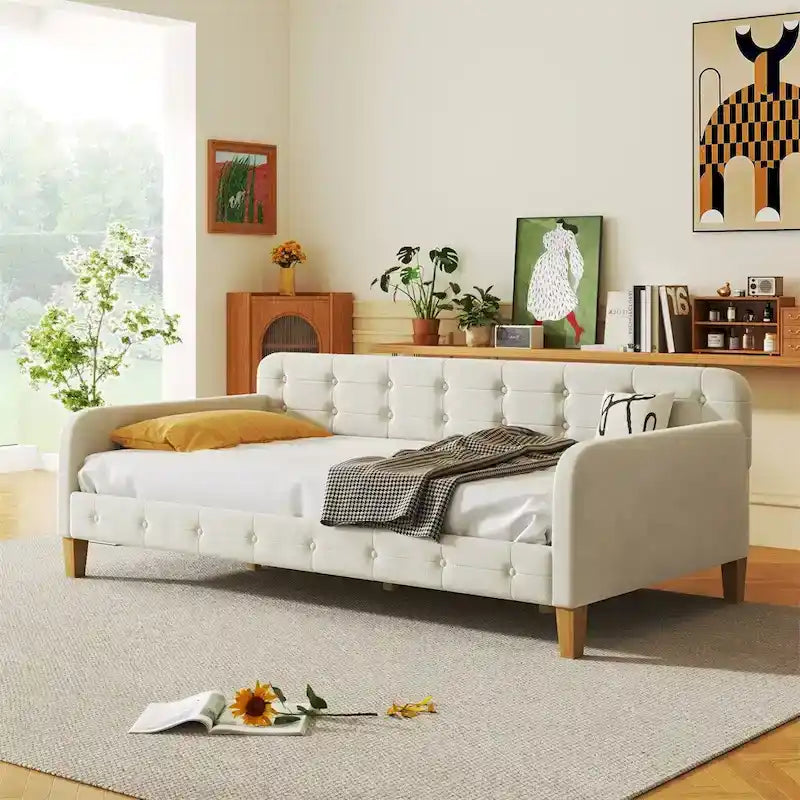 Divano letto singolo imbottito in velluto con braccioli e supporto a doghe, 80x41