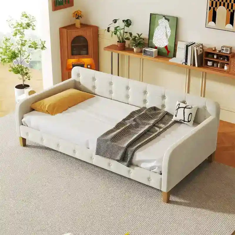 Divano letto singolo imbottito in velluto con braccioli e supporto a doghe, 80x41