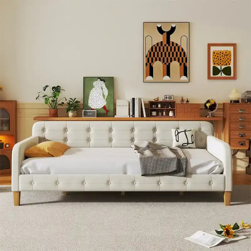Divano letto singolo imbottito in velluto con braccioli e supporto a doghe, 80x41