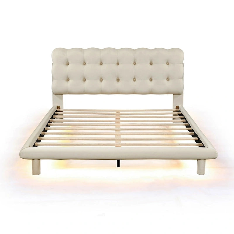 Letto a piattaforma Queen Size in velluto con struttura a LED RGB e testiera trapuntata a bottoni