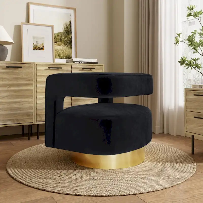 Poltrona girevole a 360° in velluto nero con schienale aperto e base dorata