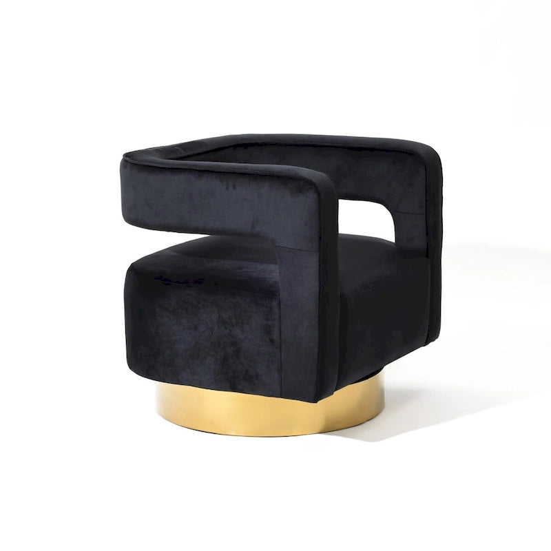 Poltrona girevole a 360° in velluto nero con schienale aperto e base dorata